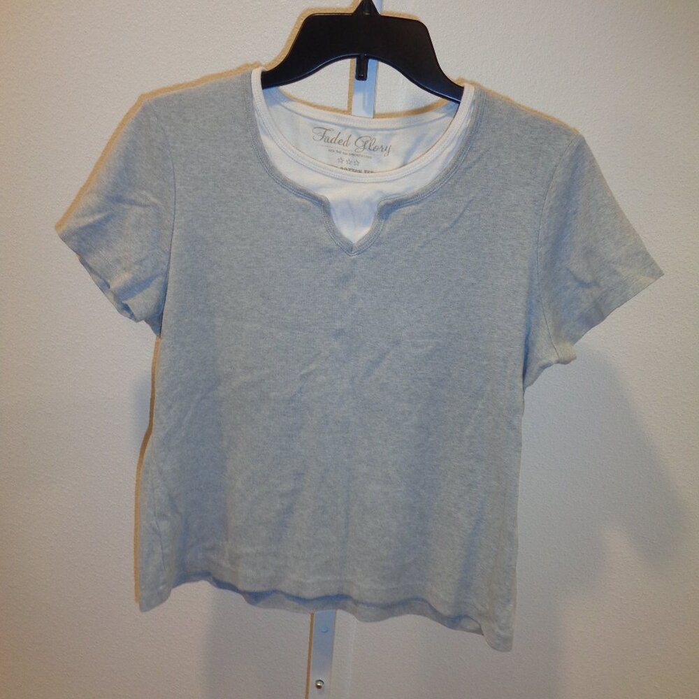 Faded Glory Women's Layered Look Gray & White Short Sleeve Top Size Large Cotton